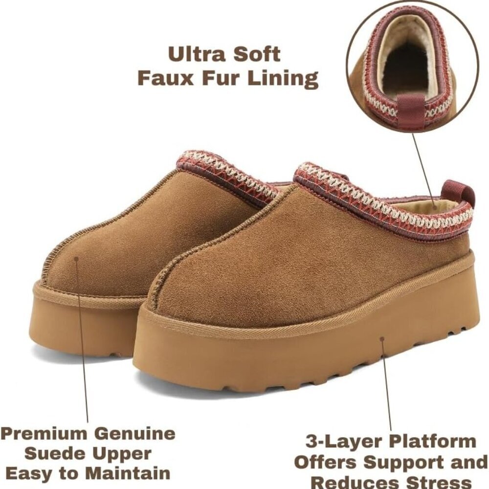 Women's Suede Platform Slippers Fleece Lined Anti-Slip Indoor Outdoor - Picture 2 of 6